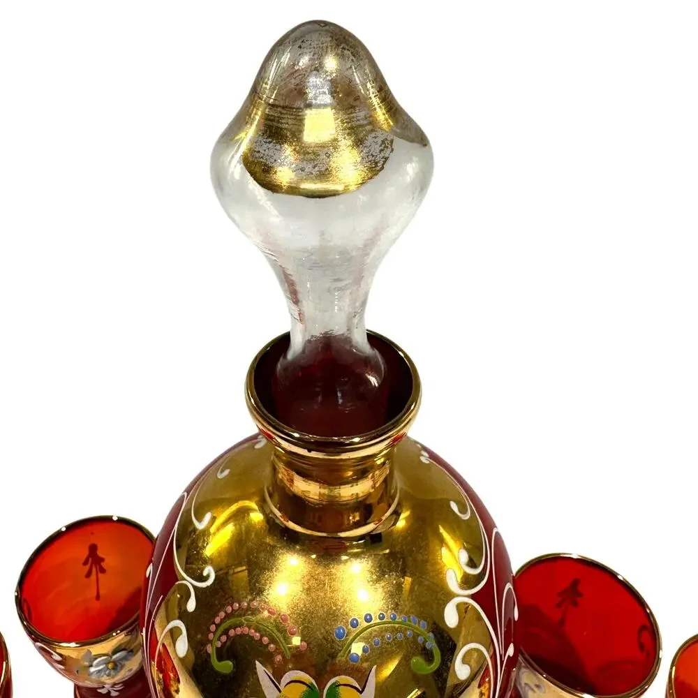 Bohemian Cranberry Glass Decanter Shot Glass Set Hand Painted Gold Floral Design